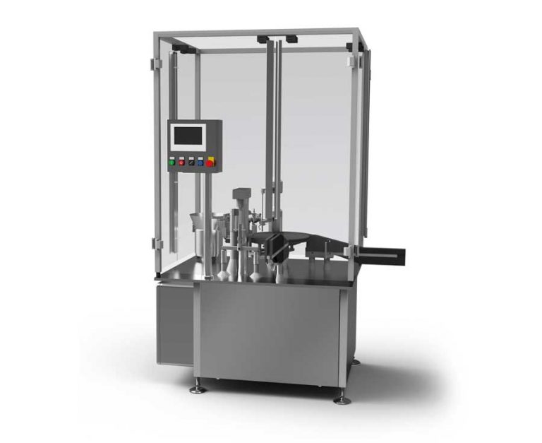 The filling and stoppering machine for disposable syringes mod. FSC-1 is designed and built in conformity with GMP standards. Conceived to fulfill the highest quality requirements of pharmaceutical industries, it can be set to cover a wide range of formats to satisfy the needs of every customer.