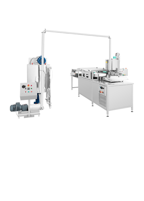 TRANSFER SYSTEM Melting Vessel of different capacities equipped with heating and cooling phase. Heated transfer pump Different solutions for preparation and transfer mass Heated piping till filling unit hopper
